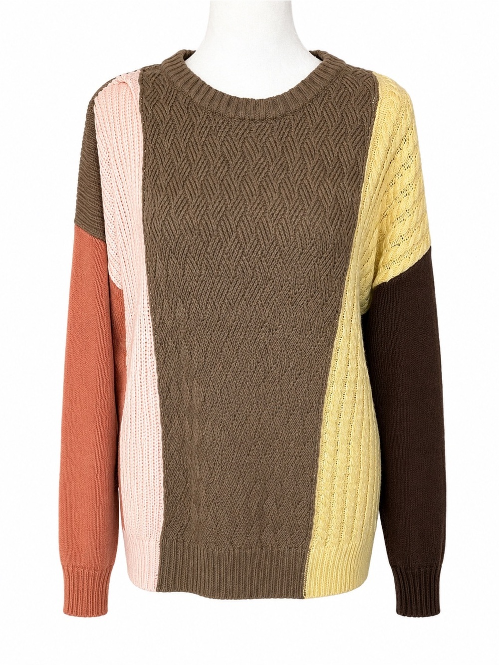Belle Kim Gravel Colorblock Cable Knit Sweater - Brown/Pink/Yellow/Orange